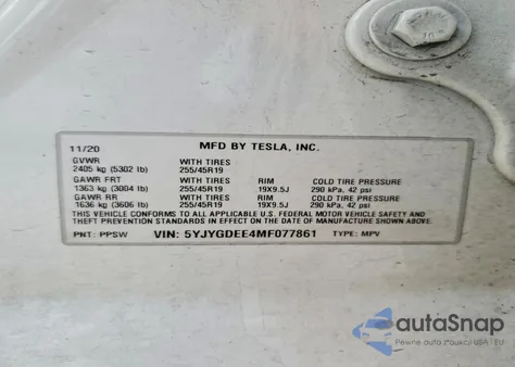 2021 Tesla Model Y z USA, uszkodzony, nr VIN 5YJYGDEE4MF077861